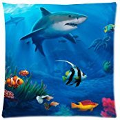 Square Throw Pillow Case Decorative Cushion Cover/Case Zippered Pillowcase With Funny Underwater World Shark and Coral Fish Art Sea Ocean Animal 18 X 18 Inch(Twin Sides)