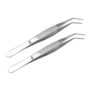 MMOBIEL 2 Pcs Stainless Steel Tweezers 12cm / 5inch with curved Serrated Tip Professional Multi Purpose Tongs Tool for Industrial work, Laboratory Use, Gardening, Cooking