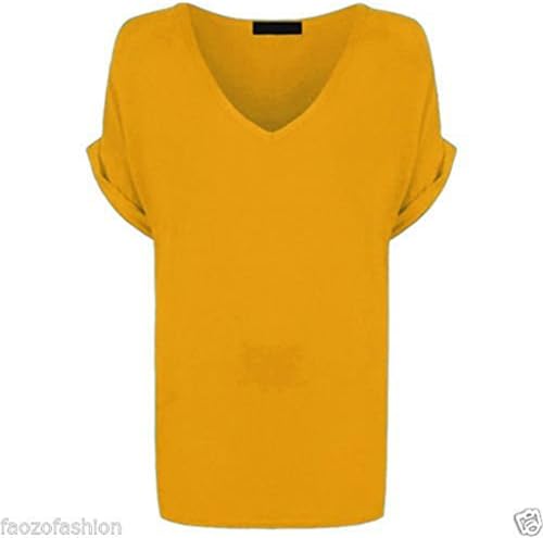 New Womens Baggy Fit Top Ladies Turn Up Loose Short Sleeve Top T Shirt Plus Size-MUSTARD-M-L