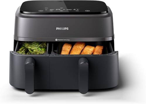 Philips Dual Basket Air Fryer - Cottura sana, veloce e versatile, Friggitrice ad aria con Doppio Cestello da 9L, Touchscreen, design a 2 cestelli con doppia resistenza e termostasti separati(NA350/00)