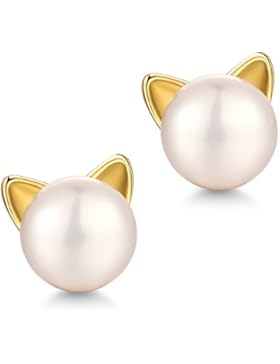 Fashion Damen Perlen Katze Ohrstecker aus Süßwasser-Zuchtperlen mit Katzenohren 925 Sterlingsilber Ohrringe?Damen...