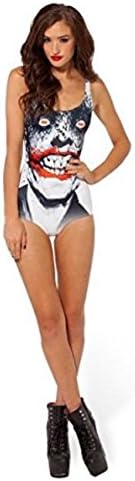 Harrowandsmith Women's Leotard swimwear goth halloween top shirt the joker fancy dress white and red bodysuit all in one playsuit, UK 8