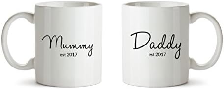 Mummy Est.2017 and Daddy Est.2017 Mugs Gift Novelty Baby 10oz Coffee Cup Pair