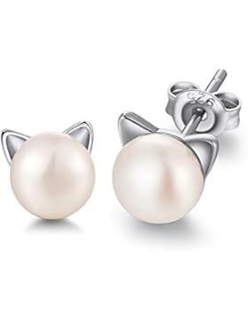 Katze Ohrstecker,925 Sterling Silber Perle Ohrringe,Süßwasser Perle Ohrstecker Ohrringe mit Katze Design für Damen...