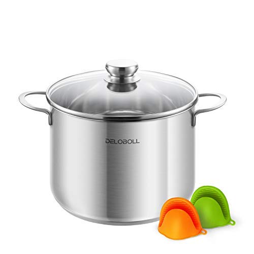 DELOBOLL 3-Plis de Fond (0.6cm), Marmite en Acier Inoxydable de 8.0L, Ø 24 cm, avec Couvercle en Verre trempé. (Standard Allemand)