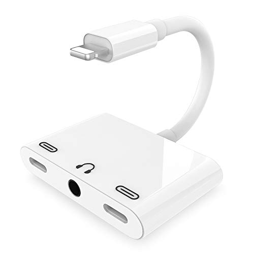 UWECAN Adaptateur Répartiteur Audio pour Casque 3,5 mm,Répartiteur Chargeur Audio 3 en 1 avec Audio 3,5 mm et Double Port Lighting Compatibile Phone XS X 8 7P Pad Mini/Air/Pro-Blanc-Support iOS 12