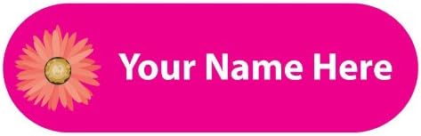 Self adhesive name labels, magenta flower stick on 40 pack with over laminates. Choose your label colour!