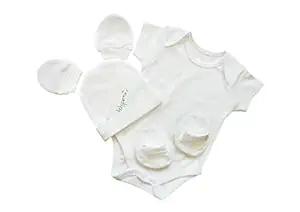 PICKSPARROW Cotton Newborn Baby Rompers, Cap, Booties, Mittens Set/Newborn Essentials (Solid White, Pack of 4) (0-3 Months)