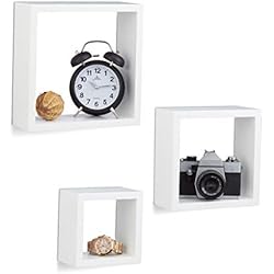Relaxdays Étagère à Suspendre Lot de 3 Cubes Support Mural Meuble Rangement Bois carré, différentes Tailles, Blanc