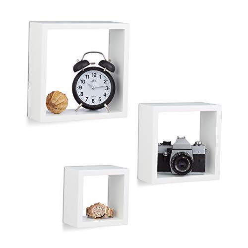Relaxdays Étagère à Suspendre Lot de 3 Cubes Support Mural Meuble Rangement Bois carré, différentes Tailles, Blanc