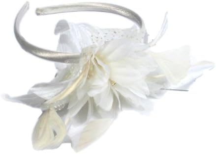 Cream Bridal Narrow Satin Fascinator with Feather &amp; Flower Set on Head Band