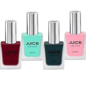 JUICE ONE COAT NAIL PAINT COMBO HUNT CLUB GREEN - M05, VELVET RED - M07, LEMONADE - M09, MIAMI GREEN - M11 LONG LASTING 11ML EACH PACK OF 4