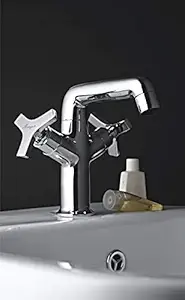 Mayur TRIO-702 Super Heavy Duty Brass Central Hole Basin Sink Mixer with Swinging Movable Spout & Braided Connection Pipe Chrome Finish Both Hot & Cold Water Tap Table Mounted Installation (Silver)