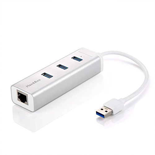 Handacc USB 3.0 3-Port Hub inkl. Gigabit Ethernet LAN / Netzwerkadapter (RJ45) | Super Speed bis zu 5 Gb/s | 3 Port Hub (Verteiler) inkl. Power-LED | Gigabit-LAN 10/100/1000 Mbit | Windows, Linux und Mac | silber (Aluminium - Gehäuse)