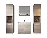 Ein modernes Badezimmermöbel, inklusive Waschbecken, Spiegel und Hochschränk.