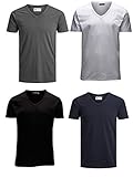 4er Pack JACK & JONES Herren T-Shirt JJEBASAL Tee V-Neck GER KA - Slim Fit 4er Pack in vielen Farbvarianten, Größe:S, Farbe:1x White 1x Sky Captain 1x Asphalt 1x Black