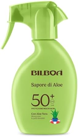 Bilboa Sapore di Aloe Trigger Solare SPF 50+, con Aloe Vera, Musica per le Pelli Sensibili, Resistente all'Acqua, Dermatologicamente Testato - 250 ml