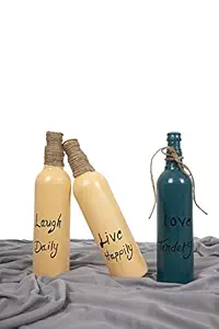 EAlma Hand Painted Bottles For Home Decor | Painted Glass Bottles Vases | Live Love & Laugh Print Bottle For Decoration | Unique Decorative Bottle Vase For Office & Living Room | Set Of 3