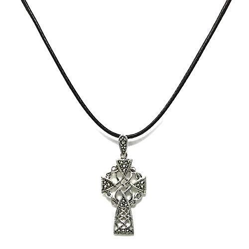 Strictly Gifts Mujer Plata Ley Marcasita Celta Cruz en 41-46cm Imitación Terciopelo Collar de Cordón