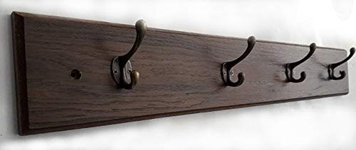 RPP Perchero de Madera de Roble Ahumado con 4 Ganchos de Hierro Fundido Estilo Victoriano Vintage (60 cm, 4 Ganchos)