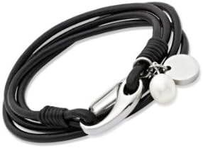 Unique Jewels Black Leather Bracelet with Steel Schrimp Clasp and Freshwater Pearl Charm of 19cm B67BL