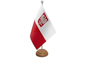 UKFLAGSHOP 9" x 6" Poland State Eagle Polish Crest Large Desktop Table Flag With Wooden Base & Pole Ideal For Party Conferences Office Display