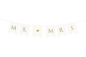 PartyDeco Girlande Mr and Mrs 15x85cm Banner mit Herz Papiergirlande Hochzeit Hochzeitsdeko weiß Gold