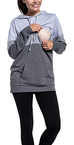 Preisvergleich Produktbild Swallowuk Damen Stillshirt Umstandsmode Kapuzenpullover Schwanger T-Shirt Maternity Shirt Umstandsshirt Stilltop Umstandstop Schwangere Sweatshirts Langarmshirt Hoodie (S, Hellgrau)
