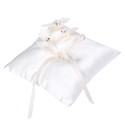 Stil Satinband Schleife Hochzeit Ring Kissen Pocket Kissen mit Pearl Flower Party Dekoration Supplies – Kleine, 14 x 14 cm Beige Blume - 2