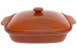 FRANCACOR Cazuela barro horno olla tartera besuguera rectangular o redonda hornear CON TAPA - HORNO - MICROONDAS - LAVAVAJILLAS - FUEGO DIRECTO (24X16X10 CM)