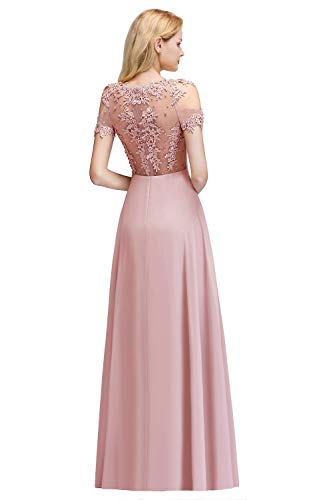 MisShow Robe de Gala Longue Vintage en Mousseline avec Appliques Florales Sexy Dos Nu Chic Bustier Epaule Nu Manche Courte Rose 44