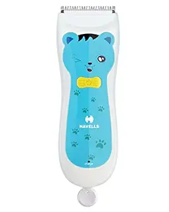 Havells BC1001 Rechargeable Baby Hair Clipper with hypoallergenic ceramic blade, Ultra-quiet, IPX5 Waterproof haircut kit for kids, infants, boys (Blue)