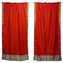 Mogul Interior 2 Indian Sari Curtain Drape Orange Window Treatment Home Decor 84x44