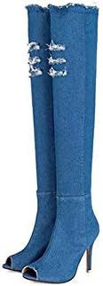 Women's shoes New Fish Mouth High-heeled Knee Boots Cowboy Boots Stovepipe Stretch Sandals Female Summer Fine With Sandals (Color : Light blue, Size : 35)