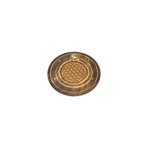 Find Something Different Assiette Porte encens et Support de Cone en Bois Grave 10cm Fleur de Vie