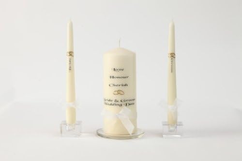 Personalised Unity Candle Set Love Honour Cherish For Wedding (Ivory/Gold Rings)