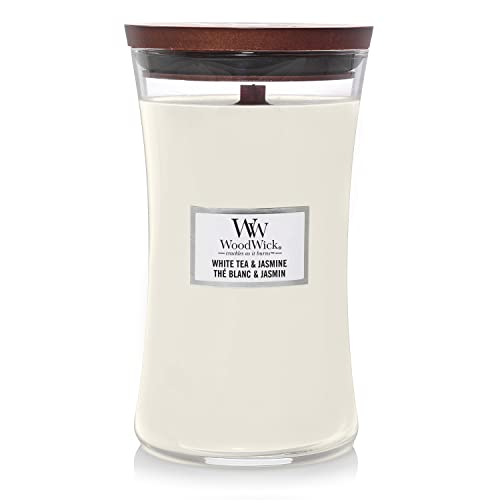 WoodWick candela grande profumata con stoppino scoppiettante | White Tea & Jasmine | Durata Fino a 130 Ore