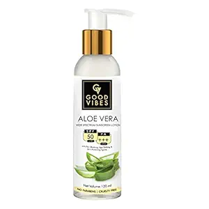 Good Vibes Aloe Vera Sunscreen Lotion SPF 50 - 120 ml - Lightweight Sun Protection for All Skin Types For Men & Women - Hydrate and Moisturize Dull Damaged Skin - Cruelty Free
