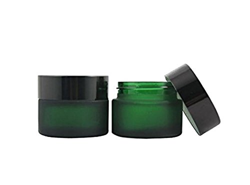 2PCS 30ML(1 OZ) Empty Refillable Green Glass with Liners and Screw Black Cap Cosmetic Cream Jar Pot Bottle Container for Salve, Cream, Diy Beauty, Essential Oils, Lotion, Apothecary, Body Butter & Sugar Scrub