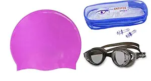 Majik Swimming Pool Wear UV Protection Goggles with Swim Caps Earplugs for Men Women and Kids Teenagers 20 Grams Pack of 1 (L Purple)