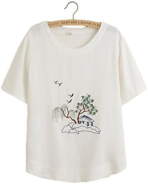 Yabliss Trees and Summerhouse Women's Unique Style Embroidery Linen T-shirts Natural Qualitative Hemp Vintage Loose Tops