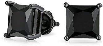 Black or Clear Brilliant Cut Square Princess Solitaire AAA CZ Stud Earrings For Men Women Secure Screw back Black Plated .925 Sterling Silver 5 6 7 8 9 MM
