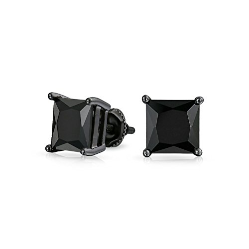 Black or Clear Brilliant Cut Square Princess Solitaire AAA CZ Stud Earrings For Men Women Secure Screw back Black Plated .925 Sterling Silver 5 6 7 8 9 MM