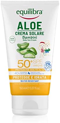 equilibra Solari, Aloe Crema Solare Bambini SPF 50+, Crema Solare Pelli Delicate a Base di Aloe Vera, Olio di Argan, Olio di Cocco, Burro di Karité e Vitamina E, Water Resistant, 150 ml