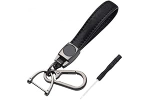 YILANJIN Genuine Leather Car Keychain, Universal Key Fob Keychain Leather Key Chain Holder, 360 Degree Rotatable, with Anti-lost D-ring, 1 Keyrings - Black (Carabiner Clip),4.45 inches