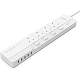 Extension Lead, ISELECTOR Individually Switched 4 Way Outlets 5 USB Charging Ports 1700J Surge Protector Power Strip with 4 Gang 2M Extension Cord ,13A Power Soket