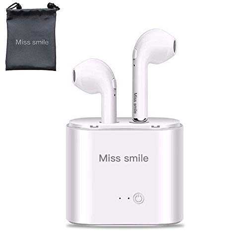 Miss smile - Auriculares inalámbricos V5.0 con cancelación de Ruido estéreo 3D, Auriculares inalámbricos con Funda de Carga para iOS, Android, PC, Bluetooth, inalámbricos, Color Blanco