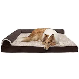FurHaven Pet Dog Bed | Deluxe Cooling Gel Memory Foam Orthopedic Faux Fur & Suede L-Shaped Chaise Lounge Sofa-Style Pet Bed for Dogs & Cats, Espresso, Jumbo Plus