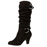 Bottes Tube Hautes Femme，Overmal 2018 Hiver Mode Retro Carré Talon Haut Solide Suede Boots Tête Ronde Sangle de Boucle Mi-Mollet Chaud Chaussures Sauvage Bottes Souples