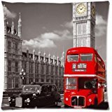 Custom View of London Famous Big Ben Red Double-Decker Bus Pattern Zippered Pillow Case Decor Cushion Covers Square 18" x 18" Inch (Twin Sides)